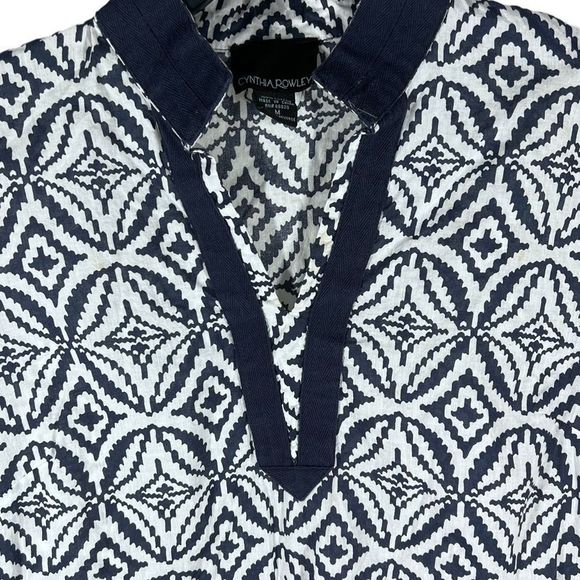 CYNTHIA Rowley Womens Sz M Blue White Geometric Boho Tunic Top - Picture 3 of 6
